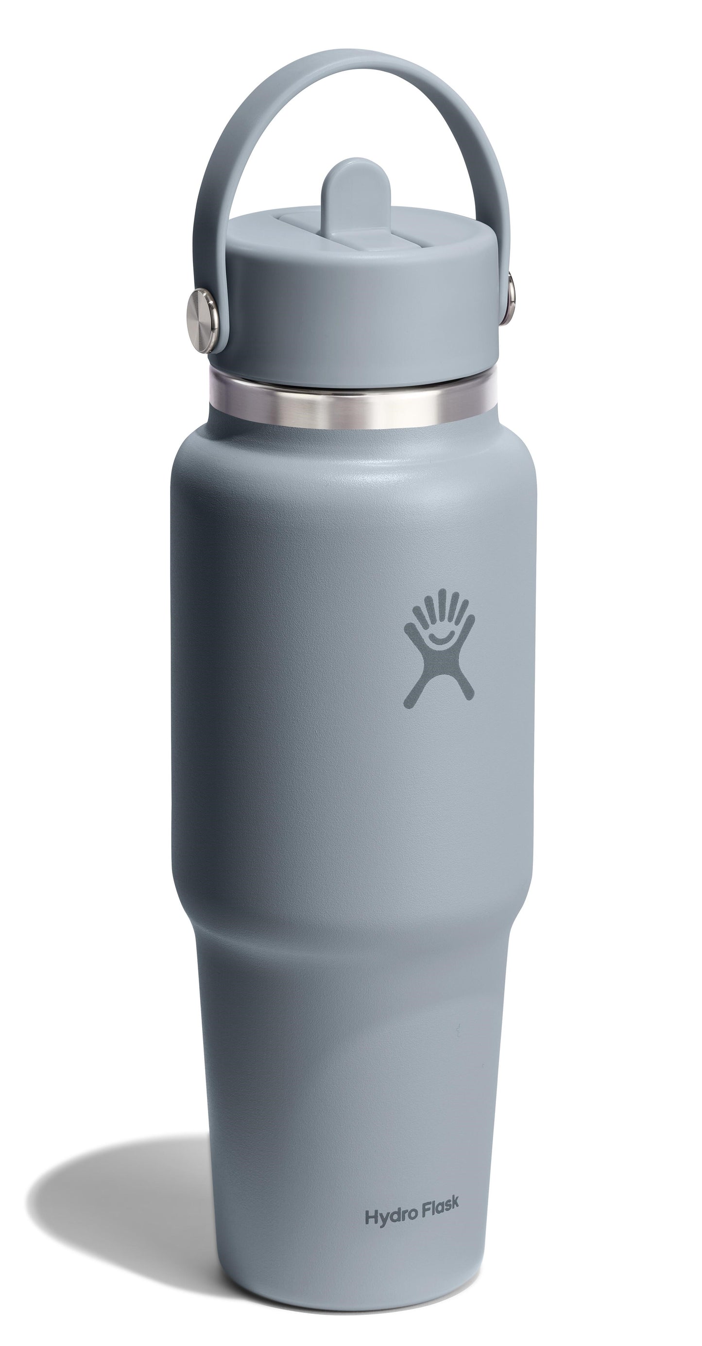 Gray stainless steel water bottle with handle and straw lid.