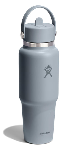 Gray stainless steel water bottle with handle and straw lid.