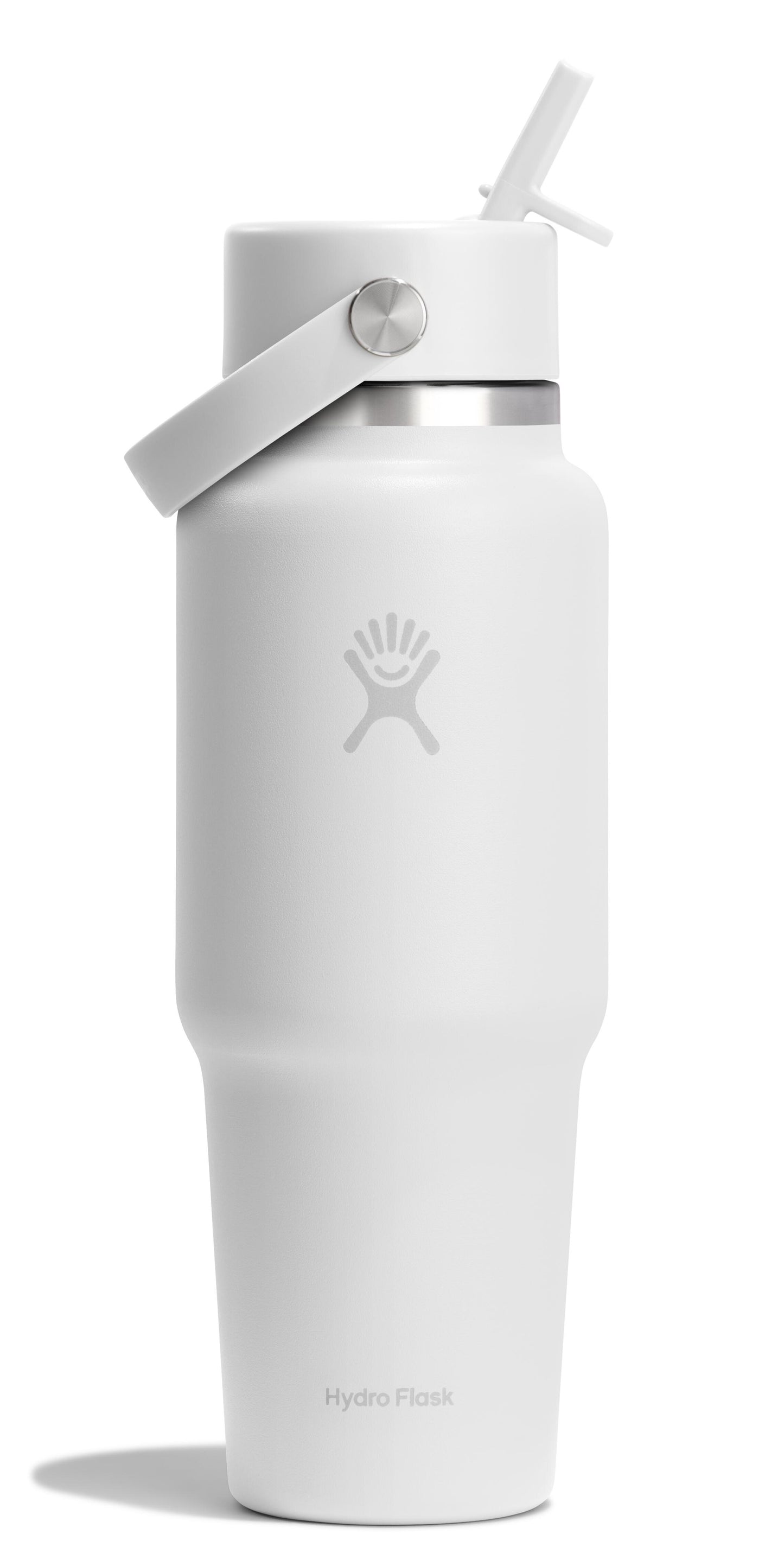 White insulated water bottle with straw.