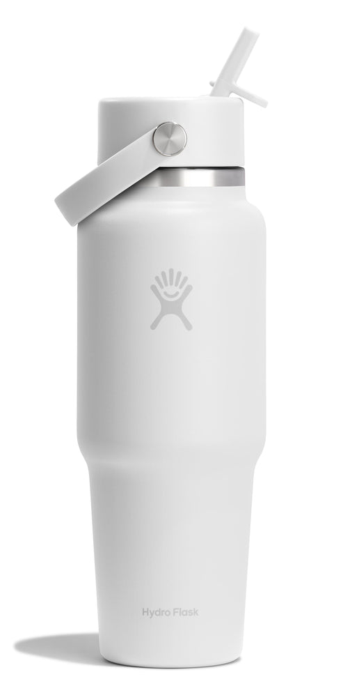 White insulated water bottle with straw.