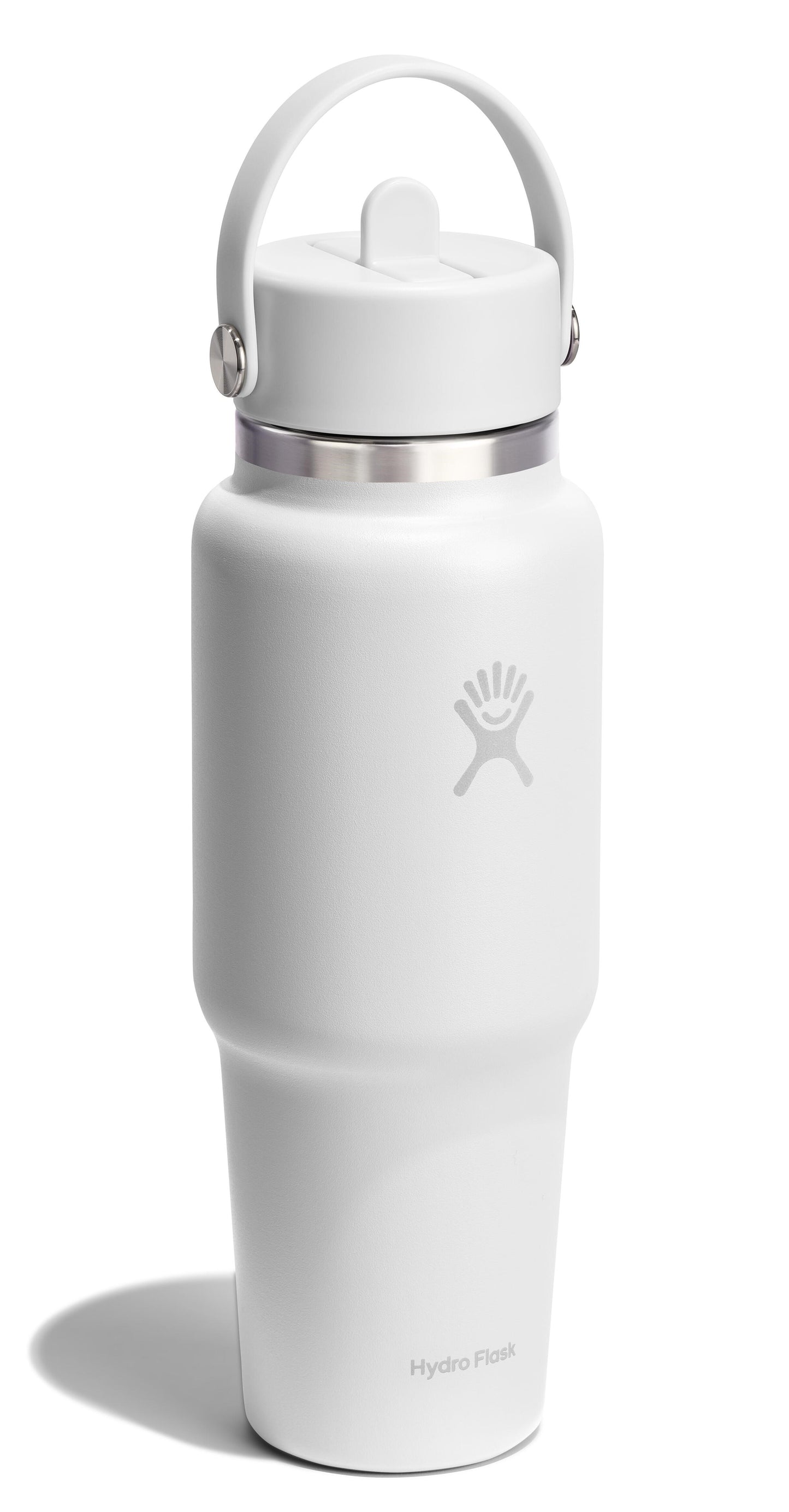A white water bottle with a loop handle.