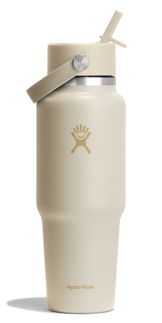 Beige water bottle with straw lid and logo.
