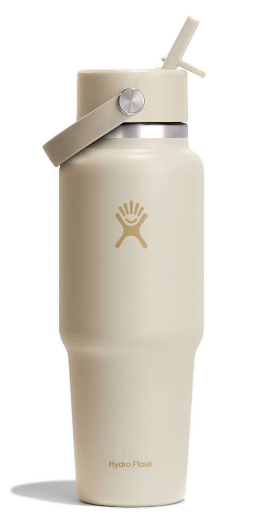 Beige water bottle with straw lid and logo.