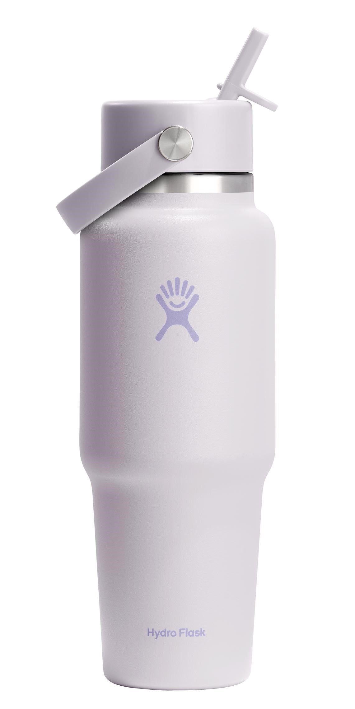 A light purple stainless steel bottle with a straw and handle.
