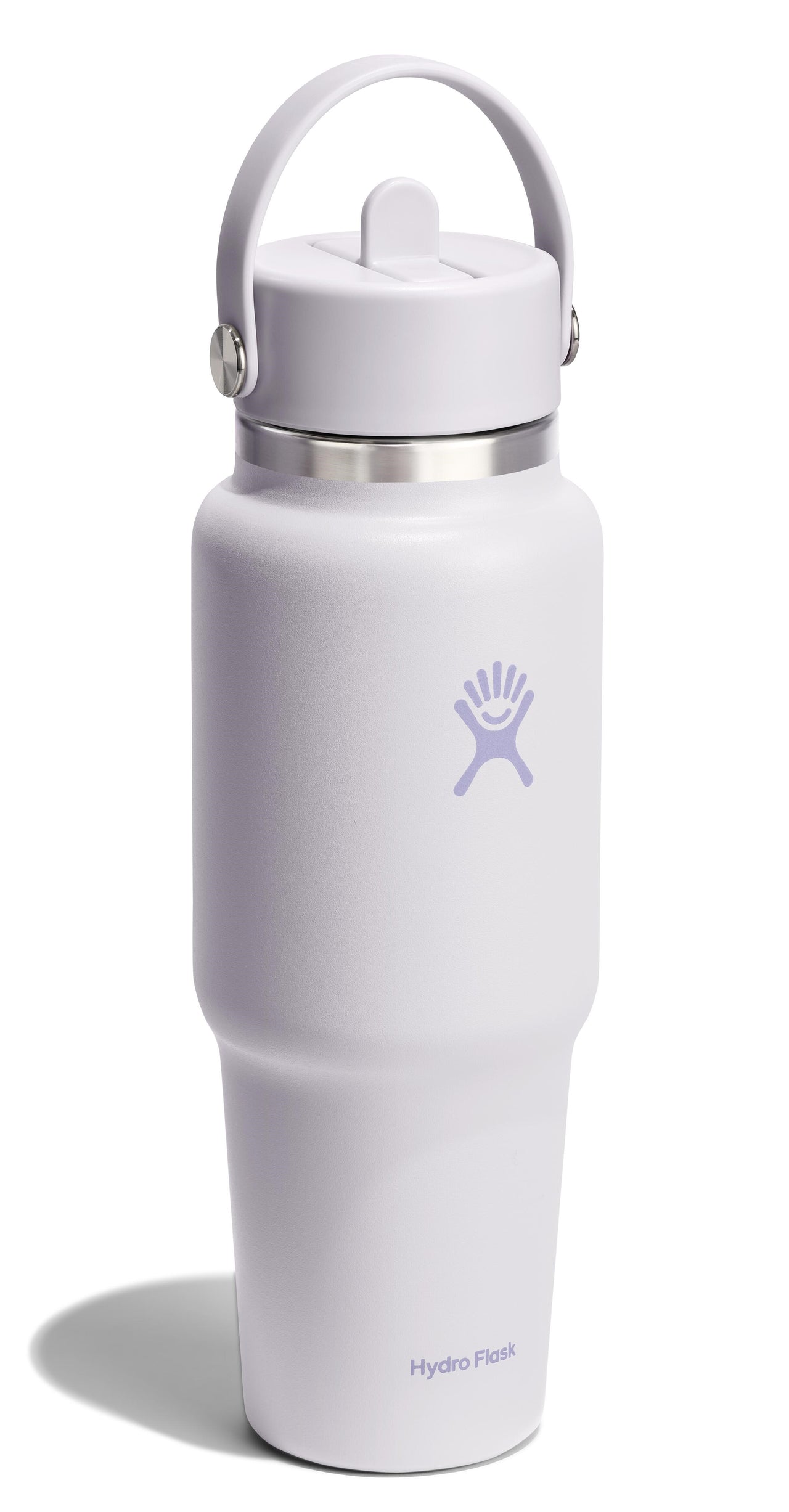 Tall, light-purple reusable water bottle with a handle and visible logo.