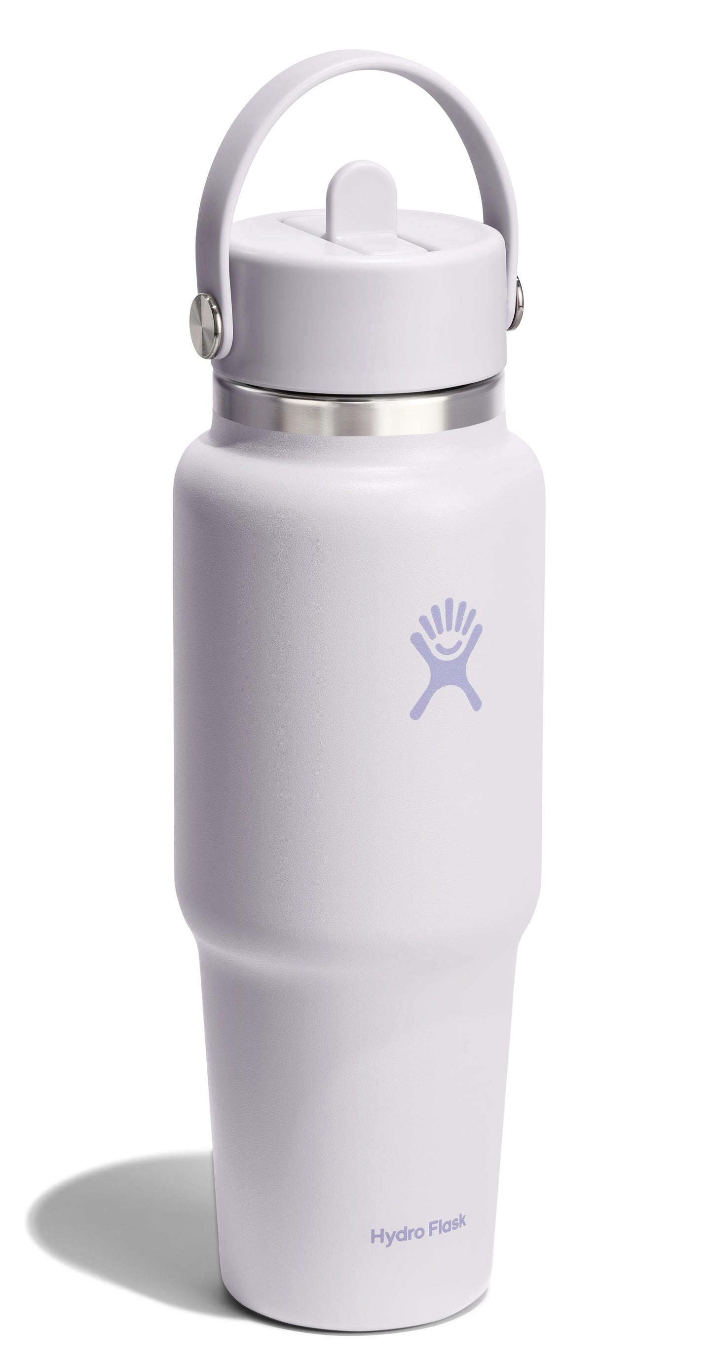 Tall, light-purple reusable water bottle with a handle and visible logo.