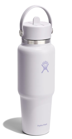 Tall, light-purple reusable water bottle with a handle and visible logo.