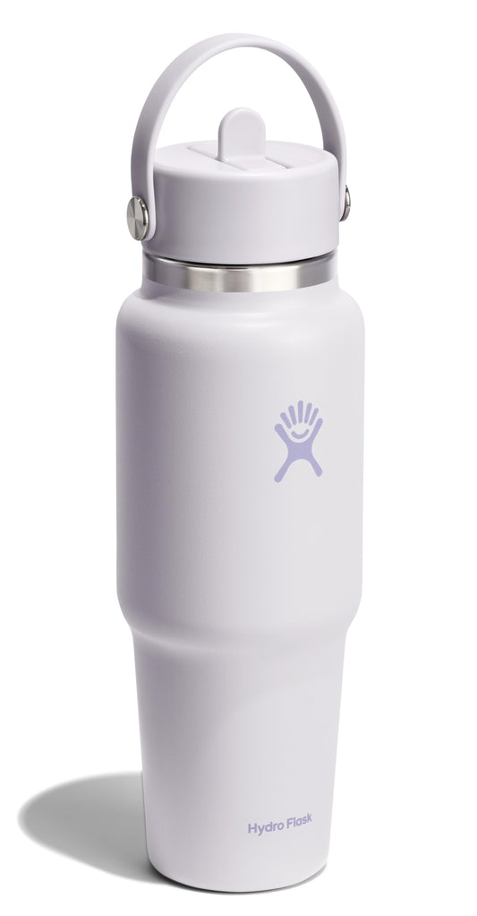 Tall, light-purple reusable water bottle with a handle and visible logo.