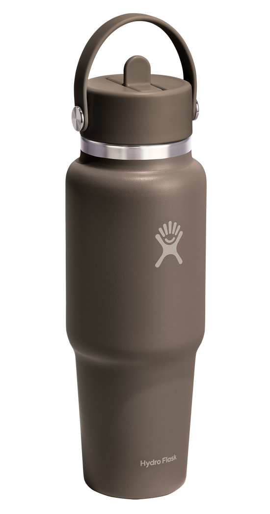 Brown water bottle with straw top and handle.