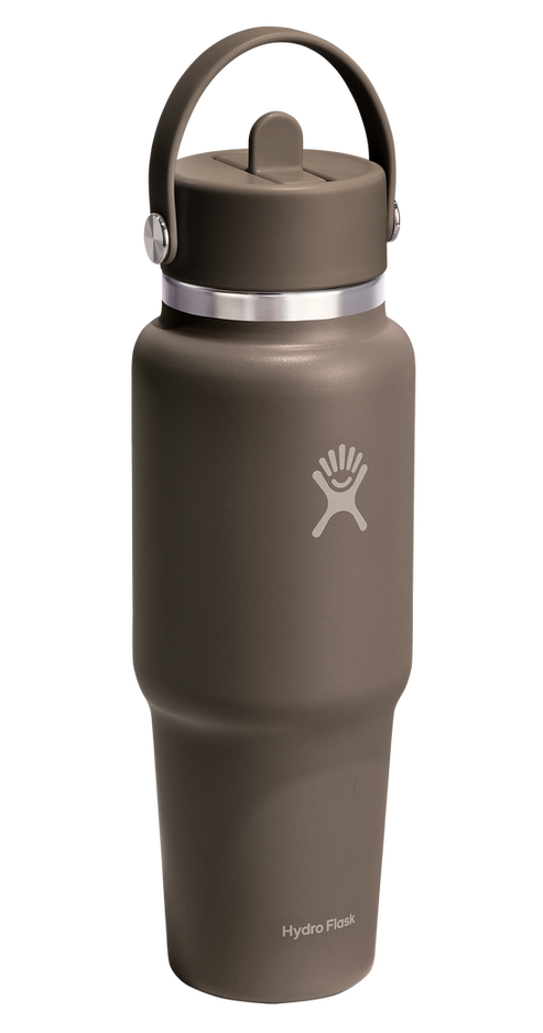 Brown water bottle with straw top and handle.