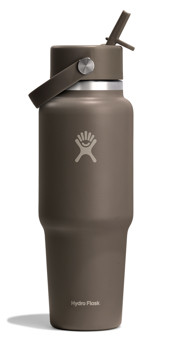 Brown insulated water bottle with handle and straw