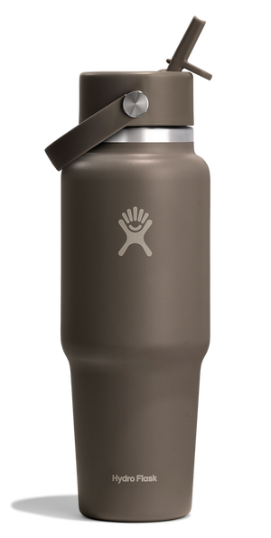 Brown insulated water bottle with handle and straw