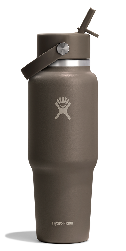Brown insulated water bottle with handle and straw