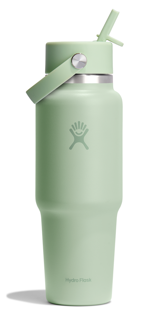 insulated light green water bottle with straw lid and handle