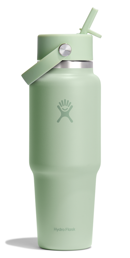insulated light green water bottle with straw lid and handle