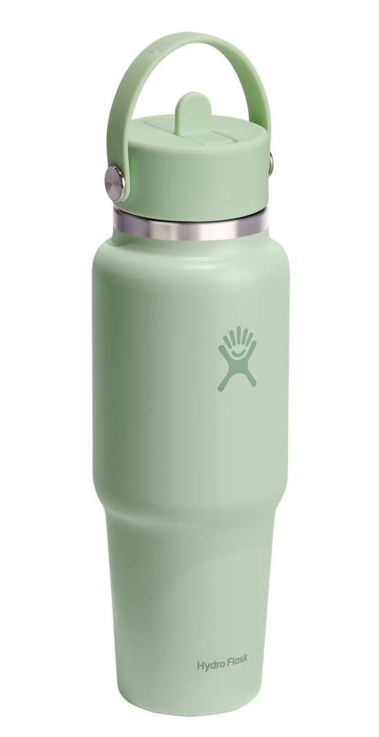 Light green stainless steel water bottle with handle.