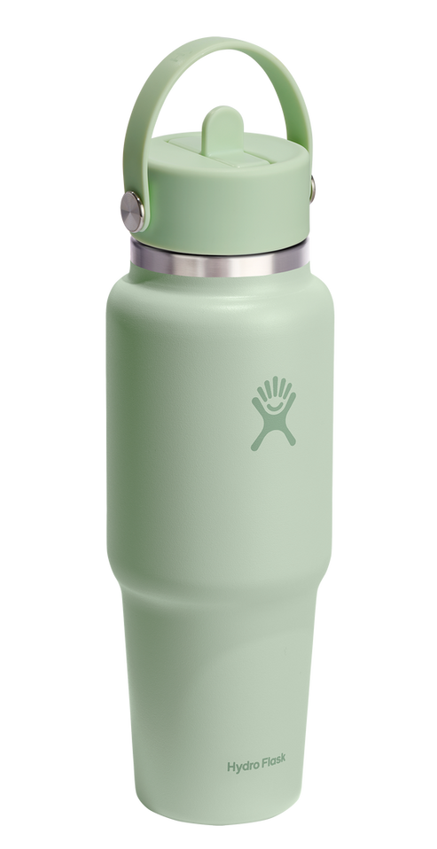 Light green stainless steel water bottle with handle.