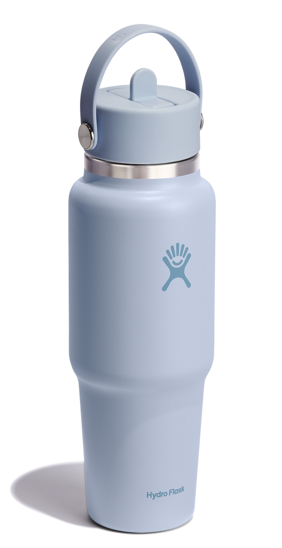 Sky blue stainless steel water bottle with straw lid and handle.