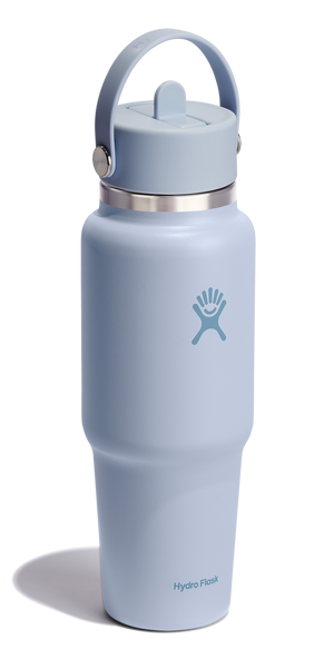 Sky blue stainless steel water bottle with straw lid and handle.