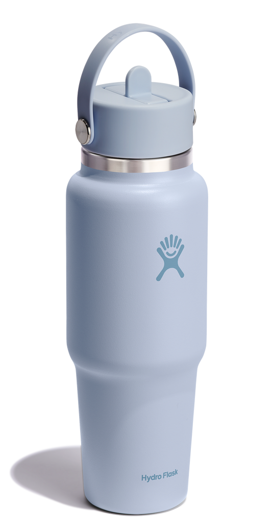 Sky blue stainless steel water bottle with straw lid and handle.