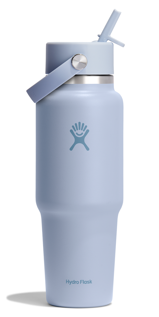 Light blue water bottle with straw.