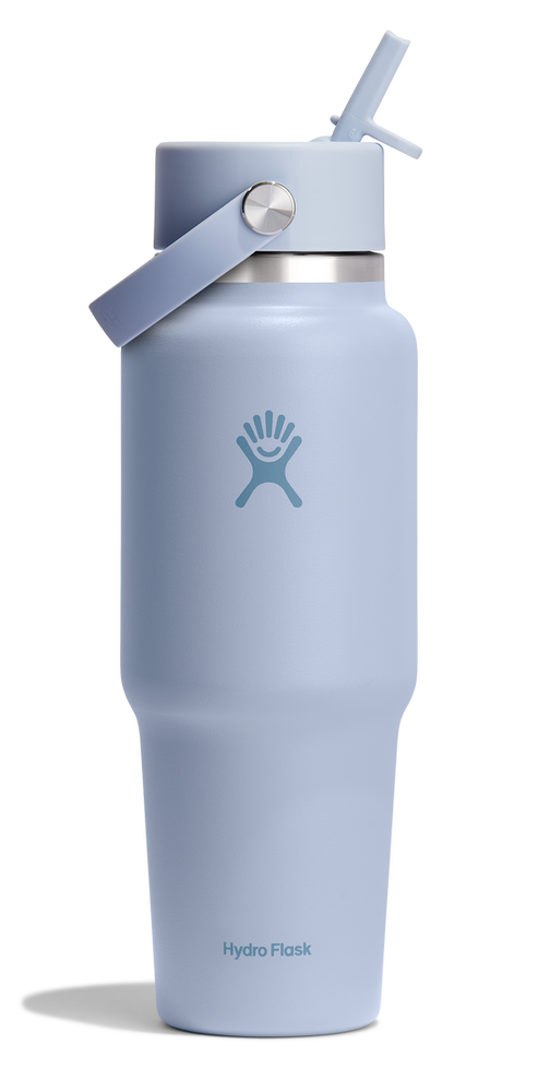 Light blue water bottle with straw.