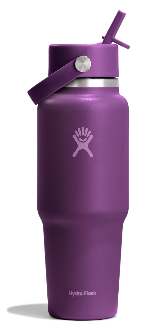Purple water bottle with a straw lid and logo.