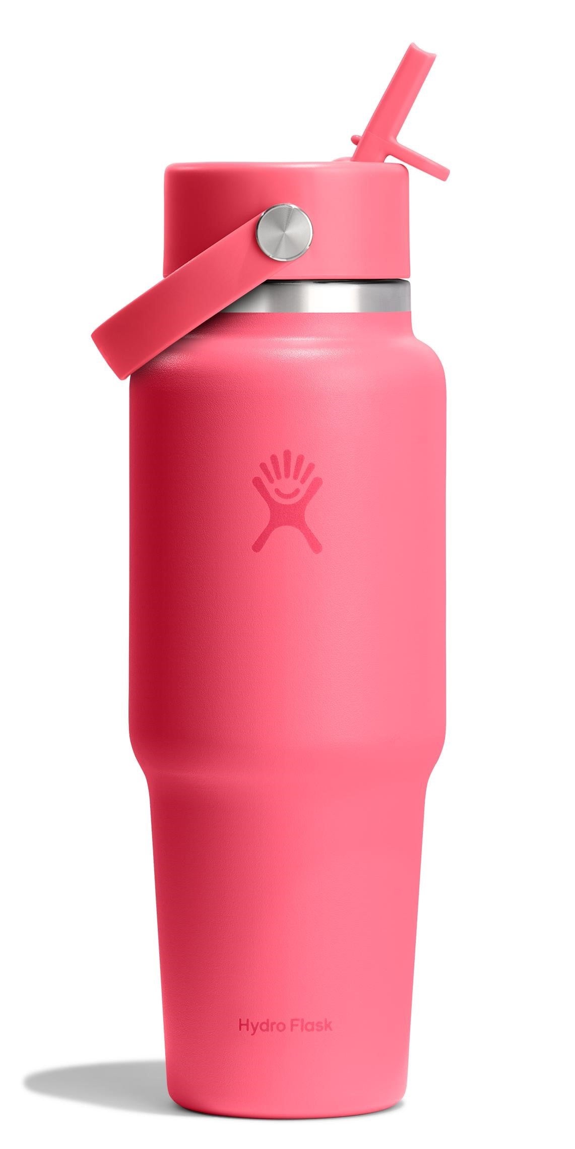 A pink water bottle with a straw.