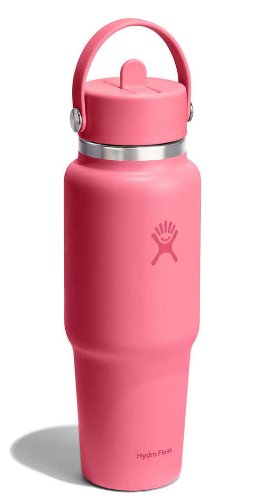 Pink stainless steel water bottle with handle and straw lid.