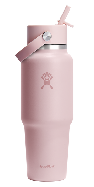 Pink stainless steel water bottle with a straw lid and carry handle.