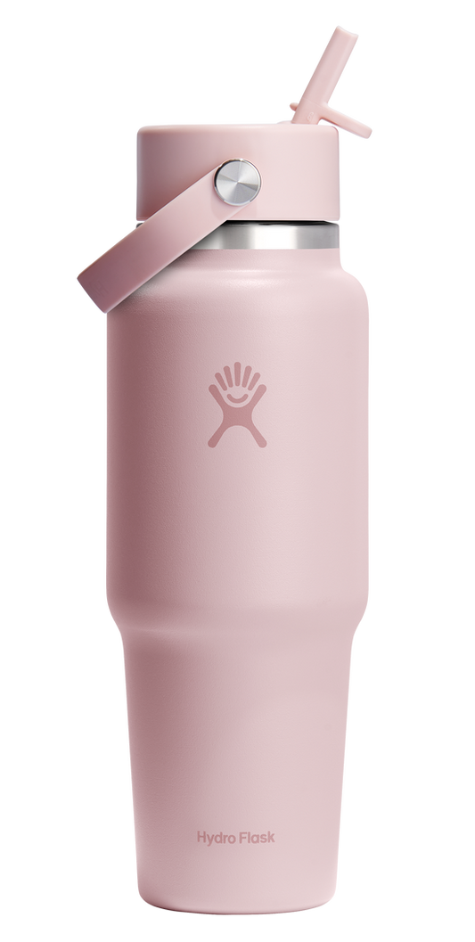 Pink stainless steel water bottle with a straw lid and carry handle.