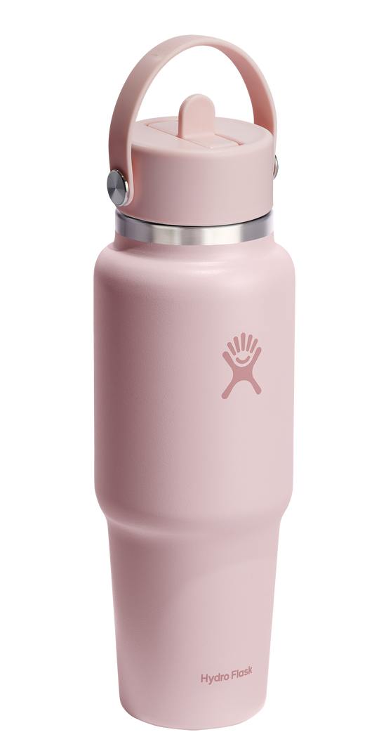 Pink water bottle with straw lid and handle.