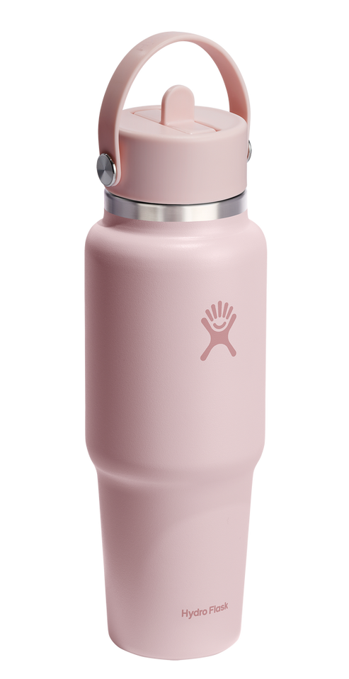 Pink water bottle with straw lid and handle.