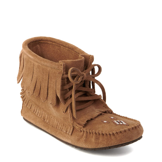 Tan suede moccasin bootie with laces and fringe trim.