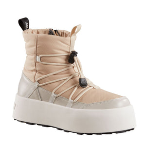 Beige high top puffy boot with white platform sole and tan rope lacing.