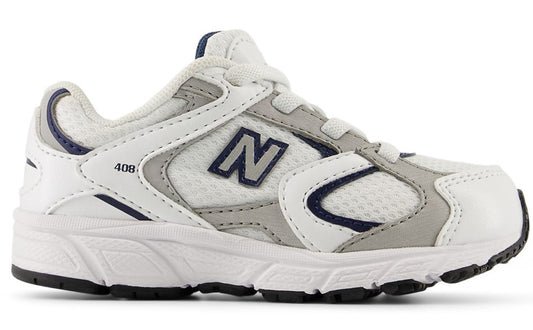 Low-top white and gray athletic shoe with an "N" logo.