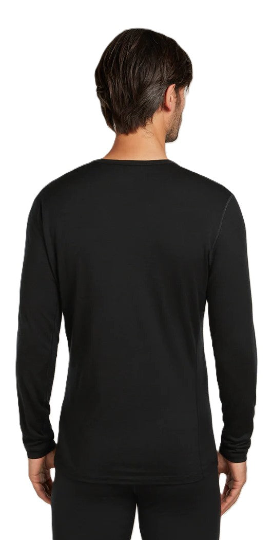 A man is wearing a black, long-sleeved shirt and matching black pants, from the back.