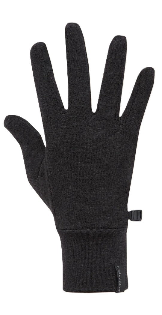 Black, form-fitting glove with five fingers.