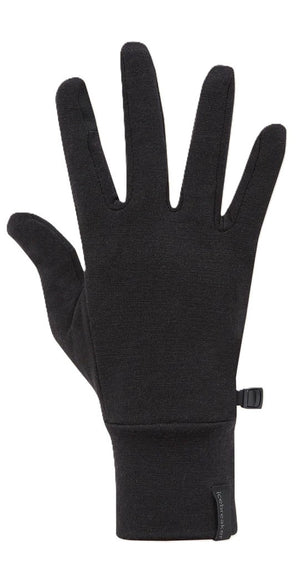 Black, form-fitting glove with five fingers.