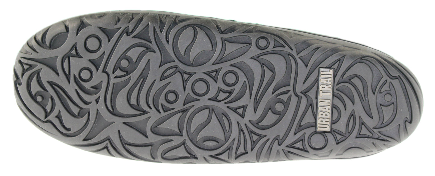 The sole of a shoe with the words URBAN TRAIL and a repeating tribal design.