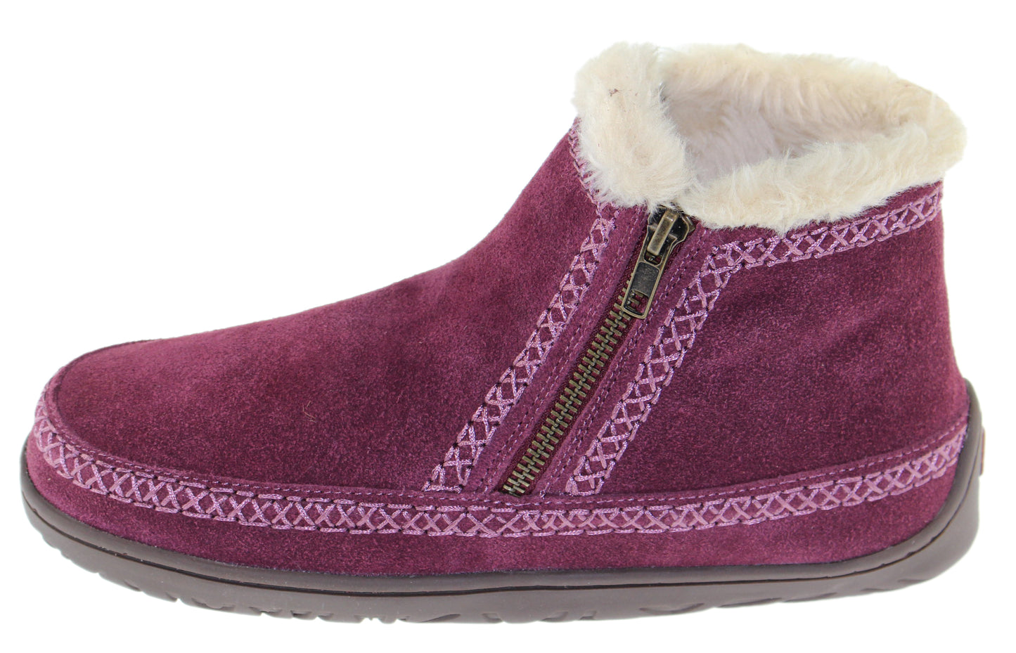 Purple suede ankle boot with faux fur trim and side zipper.