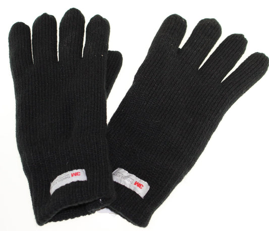 A pair of black knitted gloves with a small white 3M logo on the wrist.