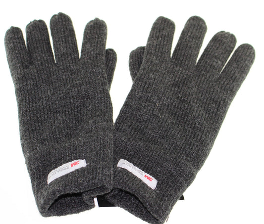 A pair of gray knit gloves with the 3M logo on the wrist.