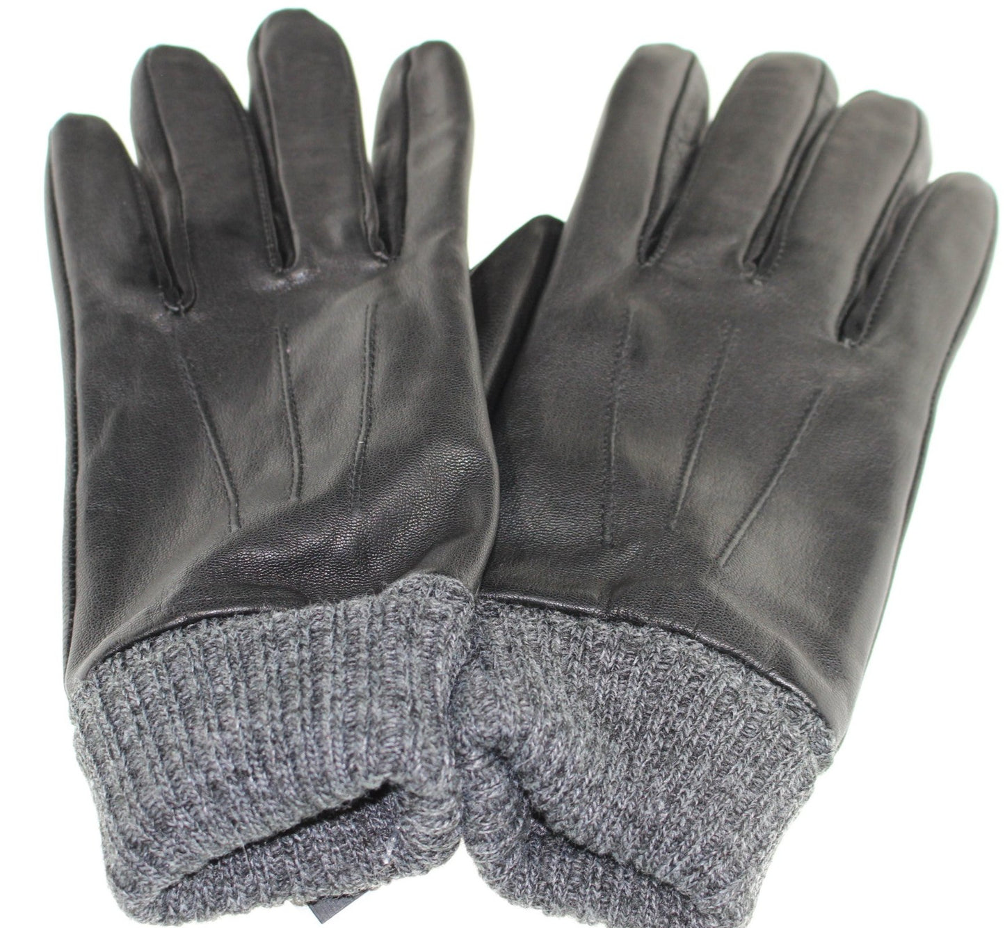 Pair of black leather gloves with grey knit cuffs.