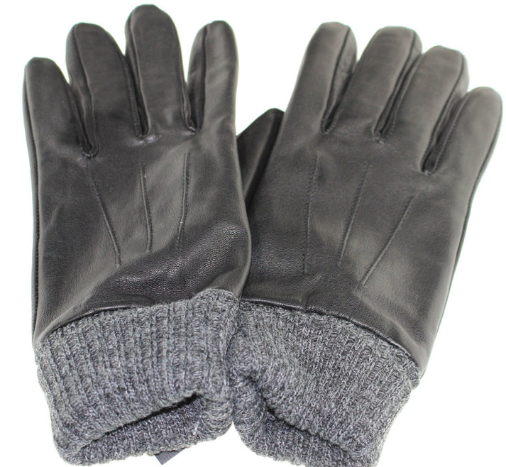 Pair of black leather gloves with grey knit cuffs.