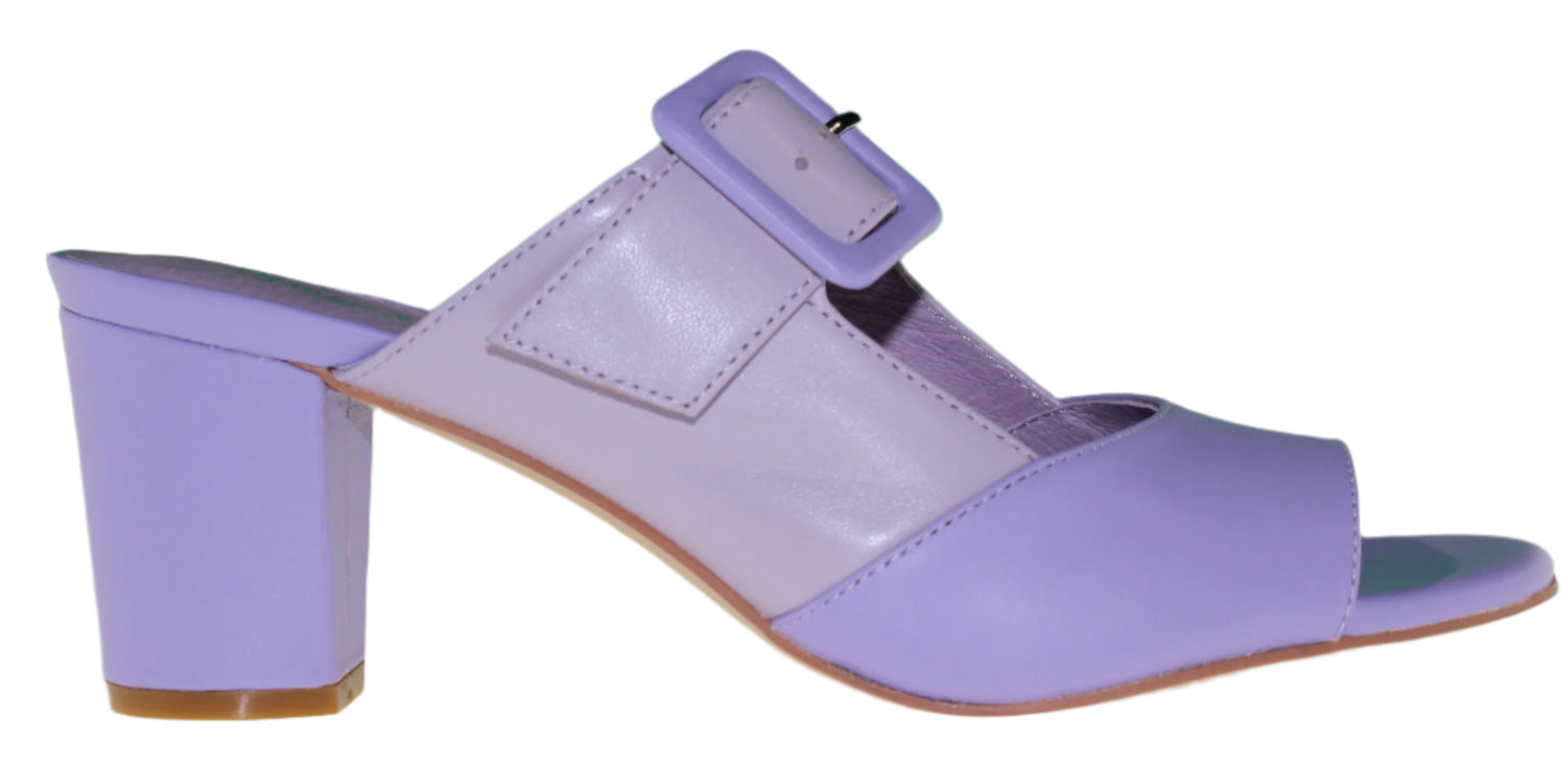 Purple block heel sandal with buckle.