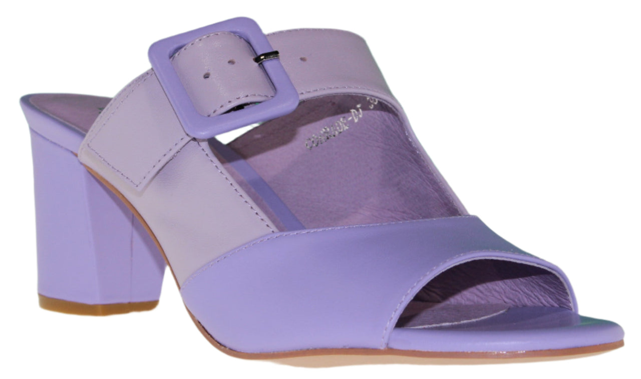 Lavender mule sandal with a square buckle.