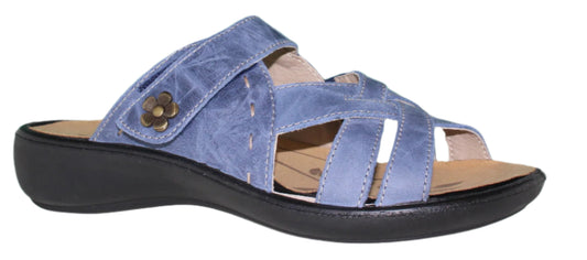 Blue sandal with a decorative flower.