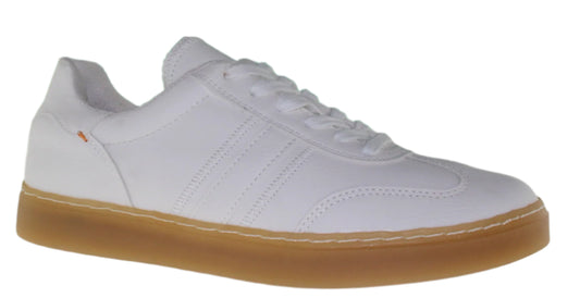 Low-top white sneaker with light brown rubber sole and orange accent mark.