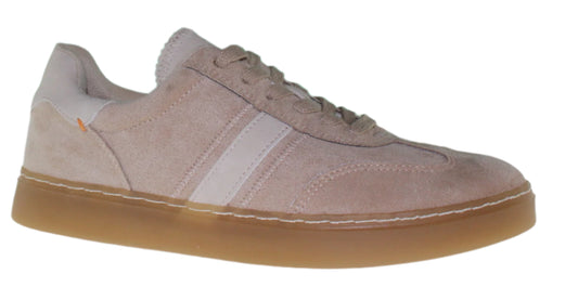 Beige sneaker with a white stripe and brown sole.